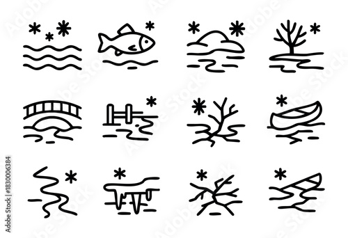Winter River & Lake line icons — snowy and icy water scenes with fish, trees, and a dock — stock vector.
