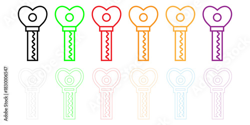 Heart Key Outline Icons Set