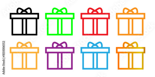 Colorful Outline Gift Box Icons Set. Vector Illustration for Holidays, Celebrations, and Special Occasions.