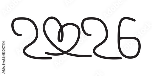 Calligraphic Continuous Heart Line Drawing of 2026 on White Background