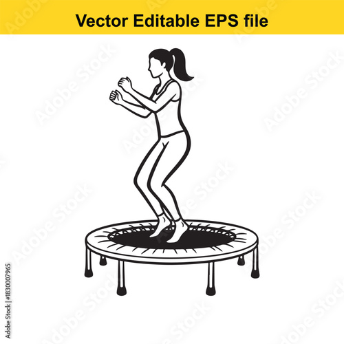 Line art illustration of a fit woman exercising and jumping on a small round trampoline for fitness or recreation, isolated on white background