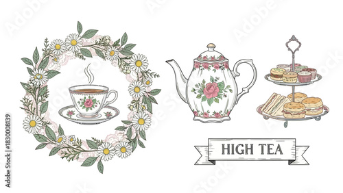Elegant tea party vector elements with floral wreath, porcelain teapot, and cake stand for cafe branding