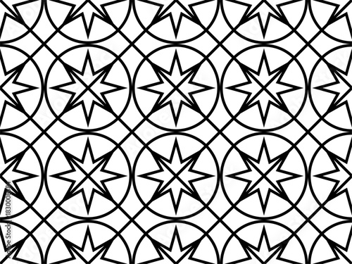 Strict Seamless vector background with stars and circles from thin black lines on a white background. For covers, advertising, packaging. Curved shapes. Tile, wallpaper, fabric, textile. Holiday desig