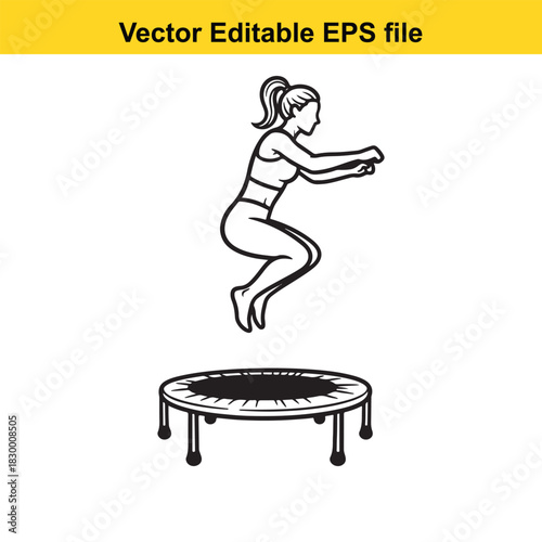 Line art vector illustration of a fit woman exercising by jumping on a mini trampoline for fitness and recreation, isolated on white background