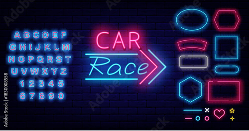 Car race neon sign. Arrow border. Car racing. Drift show and rally. Glowing blue alphabet. Geometric frames collection. Flyer on brick wall. Editable stroke. Vector stock illustration