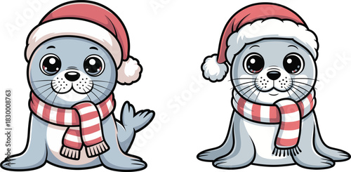 Cute cartoon baby seals wearing santa hats and festive scarves