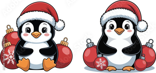 Cute cartoon penguin in santa hat with red christmas baubles festive decor