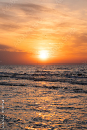 Fototapeta Naklejka Na Ścianę i Meble -  Sunset over the Baltic Sea with warm orange sky, gentle waves and a distant sailboat. Calm and serene seascape.
