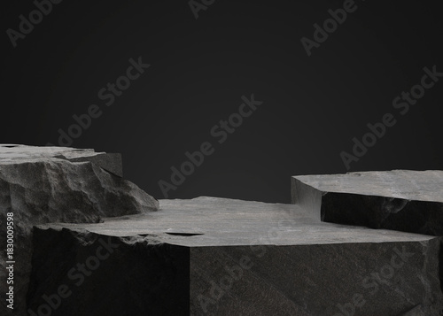 Dark stone formations. Empty stone podium for display product.  