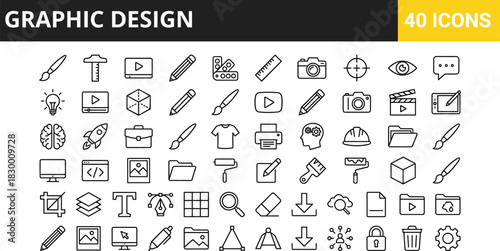 Collection of linear graphic design icons including pencil brush camera multimedia and creativity tools for web art and editing projects.