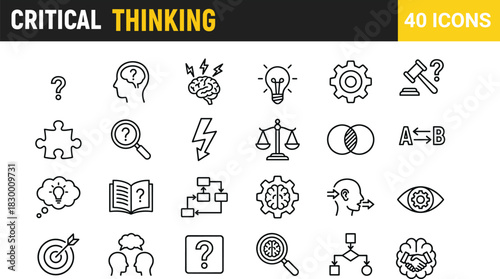 Collection of logic and thinking line icons, vector symbols for brainstorming, problem solving, strategy, psychology, decision making, and creative ideas.
