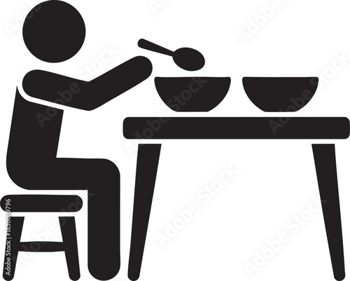 Person eating at table icon simple silhouette of seated figure using spoon with food bowls, dining activity, meal time vector illustration