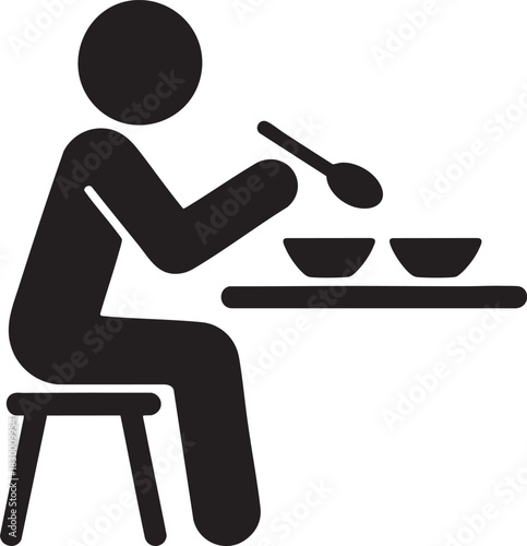 Person eating meal icon stick figure sitting on stool and using spoon with food bowls on table, simple black dining silhouette vector