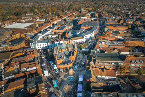 2025 Christmas Market in Wokingham, Berkshire England. Aerial view daytime in Winter