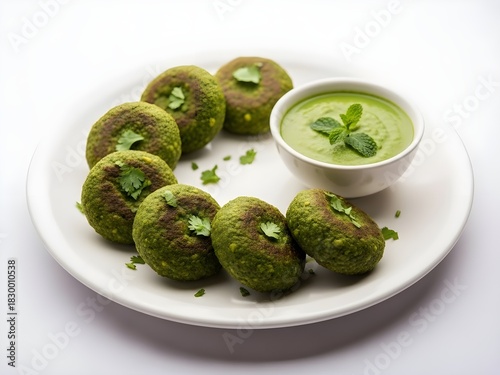 Round green hara bara kebabs arranged on a white plate with mint chutney, isolated on white background.