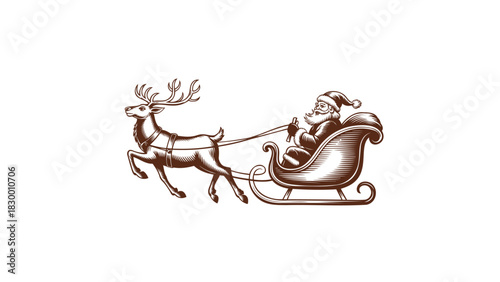 Whimsical hand drawn illustration of santa claus riding in his sleigh pulled by a reindeer