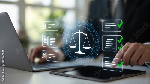 Legal technology concept with scales of justice and law documents on a tablet and laptop, symbolizing online legal services and law