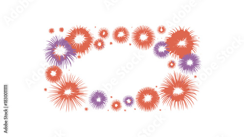 Brightly colored abstract bursts of red and purple fireworks forming an oval frame on a white background