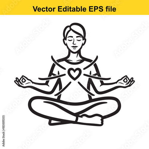 Black and white line art vector icon of a person meditating in lotus position with heart symbol radiating energy, isolated on white background