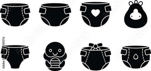 Black and white silhouette vector illustration of baby diapers and onesies