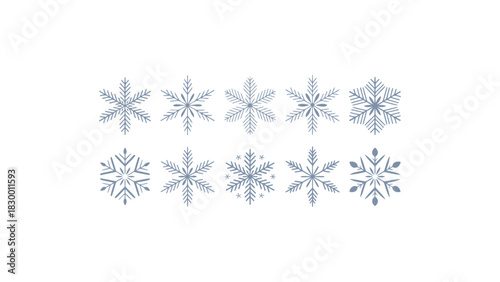 Collection of ten delicate pale blue snowflake illustrations with intricate crystalline patterns on a white background