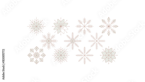 Collection of delicate white snowflake patterns and designs arranged on a clean white background for winter holidays