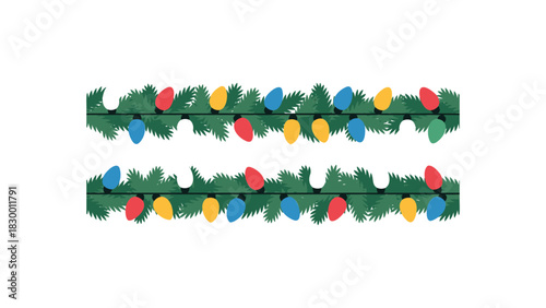 Festive christmas garland with colorful glowing lights and green pine needles on a white background