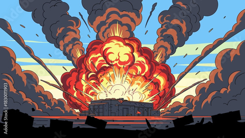 Advanced military drone surveilling a war torn landscape with explosions and tanks