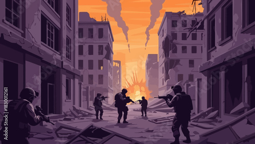 Silhouetted soldiers navigate a destroyed city street during a fiery explosion at sunset.