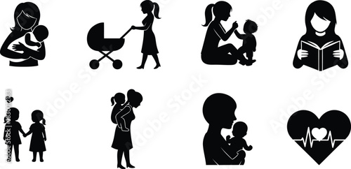 Collection of silhouette illustrations depicting motherhood and maternal love in various stages