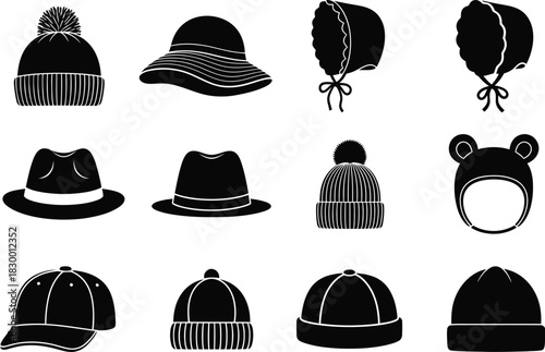 Collection of black and white hat silhouettes for winter and fashion