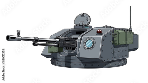 Illustration of a military turret with a machine gun, antenna, and storage compartments.