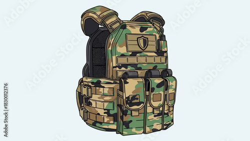 Illustration of a camouflage tactical vest with pouches and straps.