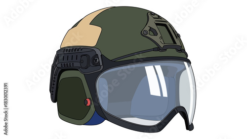 Modern military combat helmet with integrated visor and camouflage pattern for enhanced protection