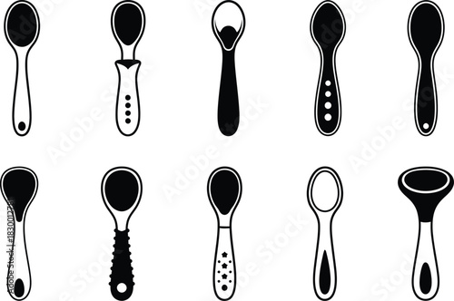 Collection of spoon silhouettes in various styles isolated on white background