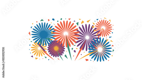 Vibrant and colorful abstract fireworks exploding in a celebration against a clean white background