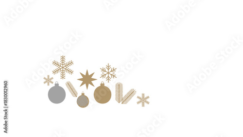 Whimsical winter holiday ornaments and snowflakes scattered on a clean white background