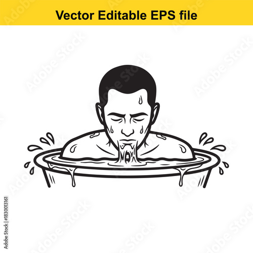 Black and white line art vector illustration of a man vomiting or spitting water out of his mouth while sitting in a tub or basin, isolated on white background