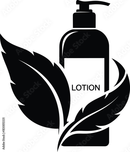 Black and white lotion bottle with leaves for natural skincare products