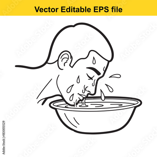Outline vector illustration of a person washing their face with water from a bowl, isolated on white background
