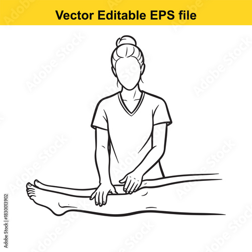 Line art vector illustration of a female therapist performing a leg stretch or physical therapy exercise on a patient, isolated on white background
