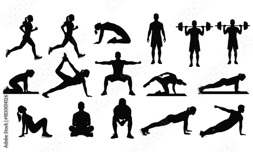 Collection of diverse fitness people exercise silhouettes Vector