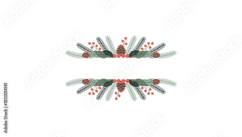 Elegant symmetrical christmas floral arrangement with pine cones berries and evergreen branches on white background