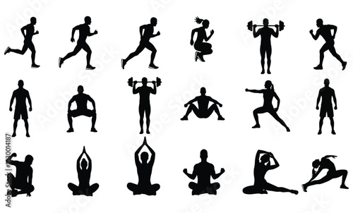 Fitness exercise workout people silhouettes vector set Vector