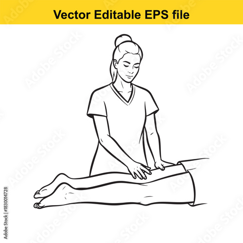 Line art illustration of a female massage therapist giving a leg massage to a client lying down, vector editable eps file