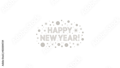 Festive silver lettering spelling happy new year surrounded by sparkling confetti and abstract circular shapes on a clean white background