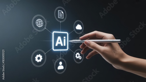 The hand-held pen interacting with artificial intelligence concepts, surrounded by interconnected icons representing various digital elements.