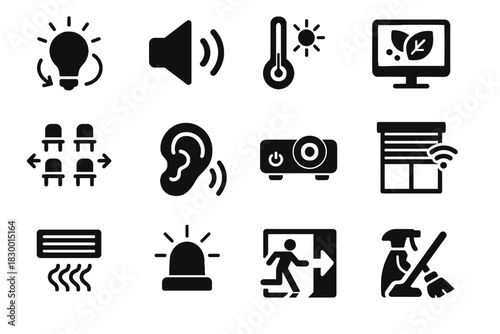 Classroom air icons monitor cleaning temperature ar sound vector exit alarm control
