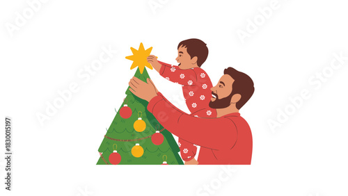Father and child happily decorating a christmas tree together placing the star on top for the holidays