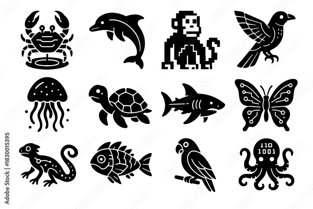 Naklejka premium Data virtual digital vector crab icons neon wildlife holographic fish icon parrot